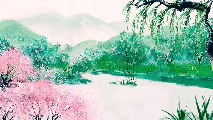 山水田园风景插画古风水墨山水手绘插画水彩山水水彩水彩风景
