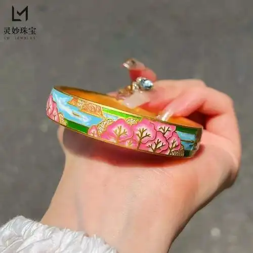 沙金999烧蓝珐琅彩三生三世粉色十里桃花手镯女点钻文艺复古礼物