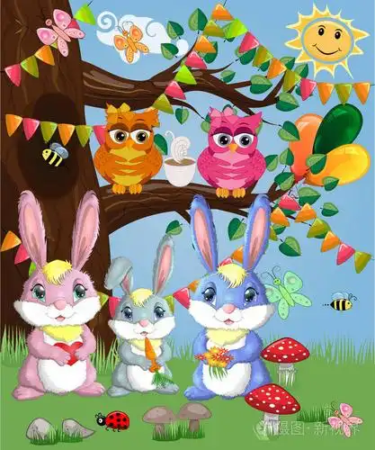 一家三只兔子在森林的空地上.矢量图