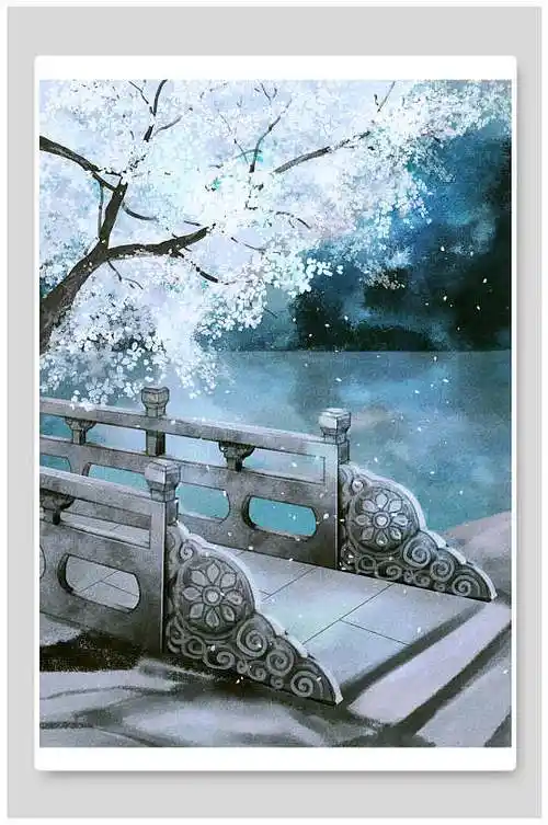 手绘大气树木石桥古风水墨风景插画