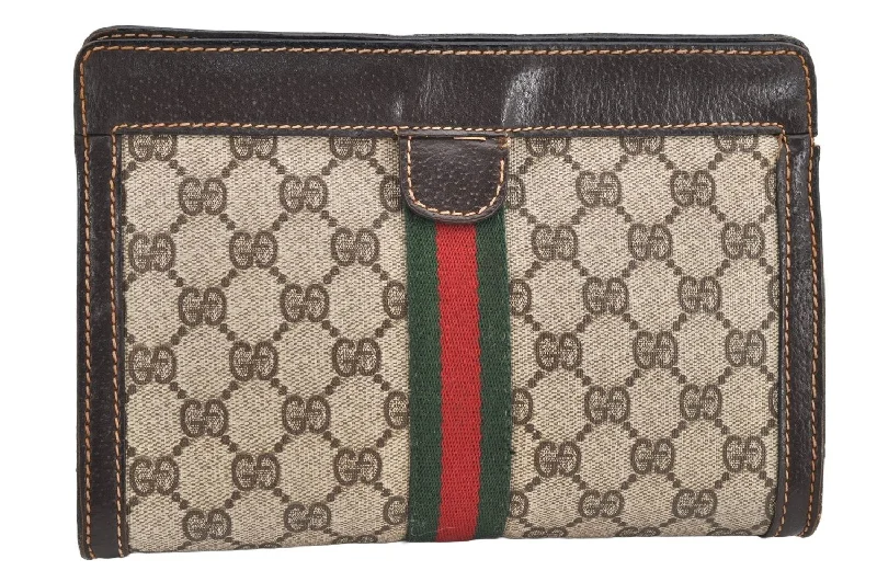 Women Gucci crossbody bags with a woven leather strapWomen Gucci crossbody bags with a woven leather strapAuthentic GUCCI Web Sherry Line Clutch Hand Bag Purse GG PVC Leather Brown 2502K