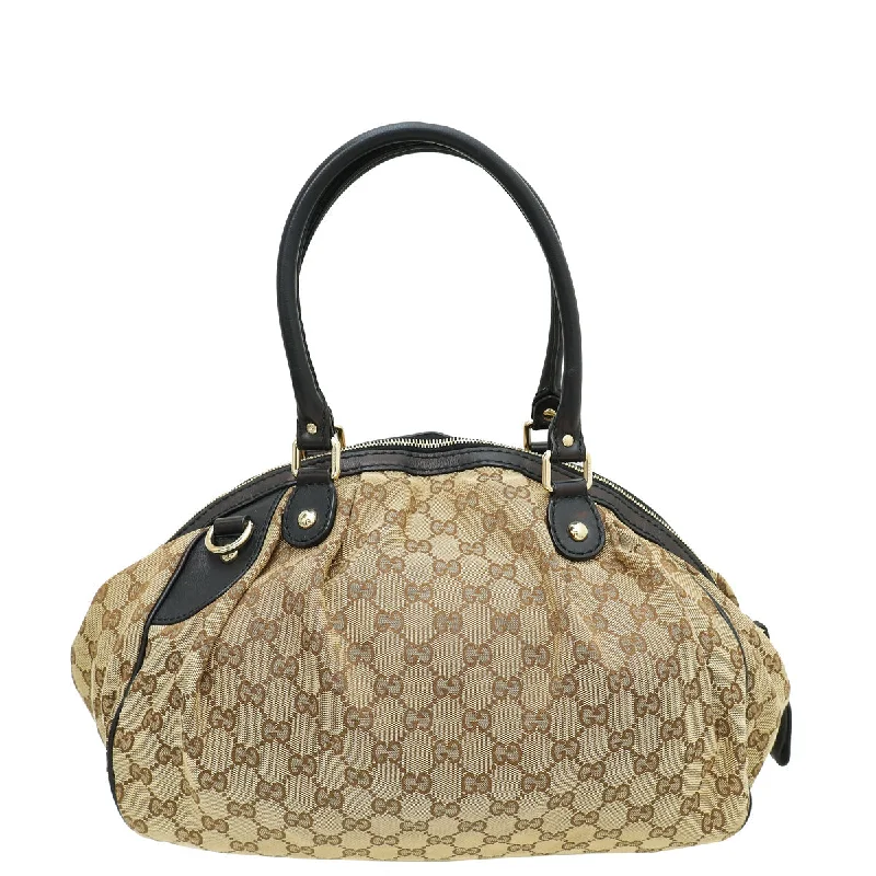 Women Gucci bags with a front - flap pocket for quick - access itemsWomen Gucci bags with a front - flap pocket for quick - access itemsGucci Bicolor GG Sukey Boston Medium Bag