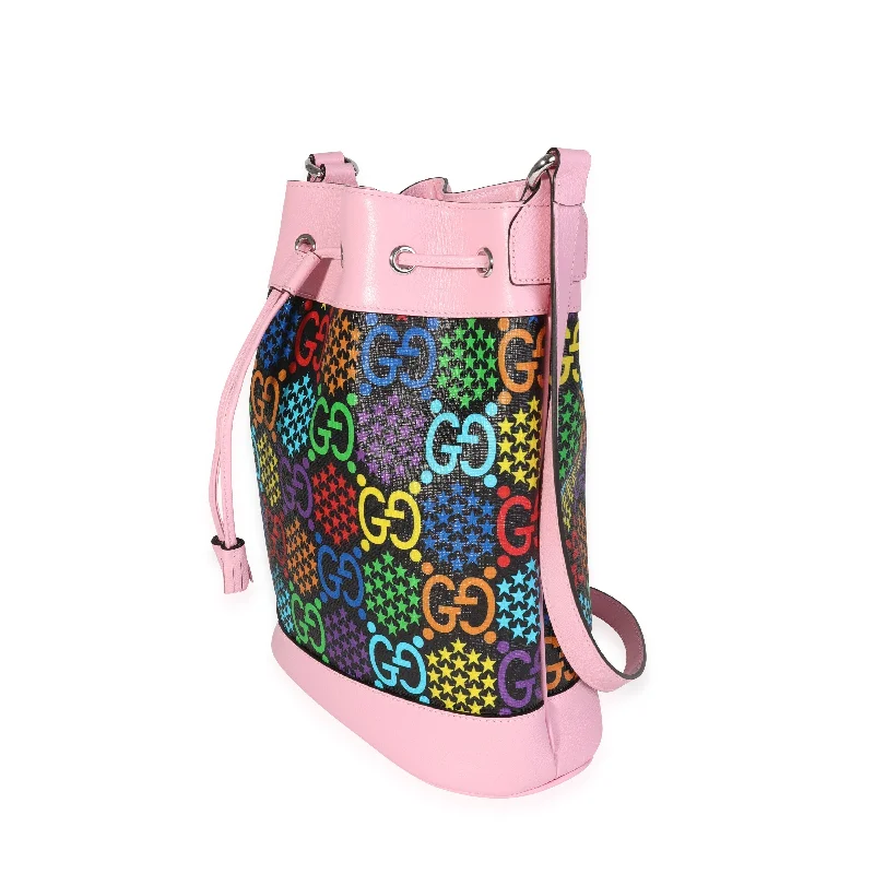 Women Gucci bags with a magnetic snap closure for easy accessWomen Gucci bags with a magnetic snap closure for easy accessGucci Multicolor Coated Canvas & Pink Leather Psychedelic Bucket Bag