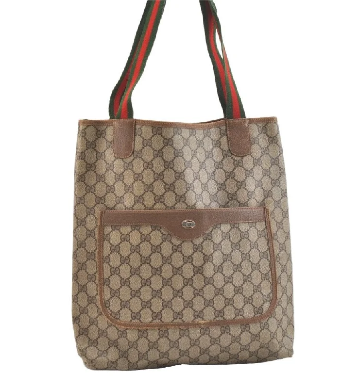 Women Gucci tote bags in GG Supreme canvas for a branded feelWomen Gucci tote bags in GG Supreme canvas for a branded feelAuthentic GUCCI Web Sherry Line Shoulder Tote Bag GG PVC Leather Brown 2442K