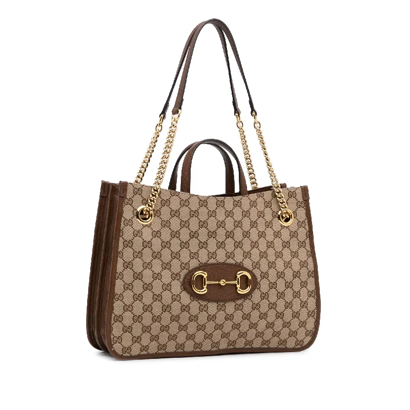 Women Gucci bags with a chain - link trim and a leather bodyWomen Gucci bags with a chain - link trim and a leather bodyGucci Medium GG Canvas 1955 Horsebit Chain Tote (SHG-NytGs4)