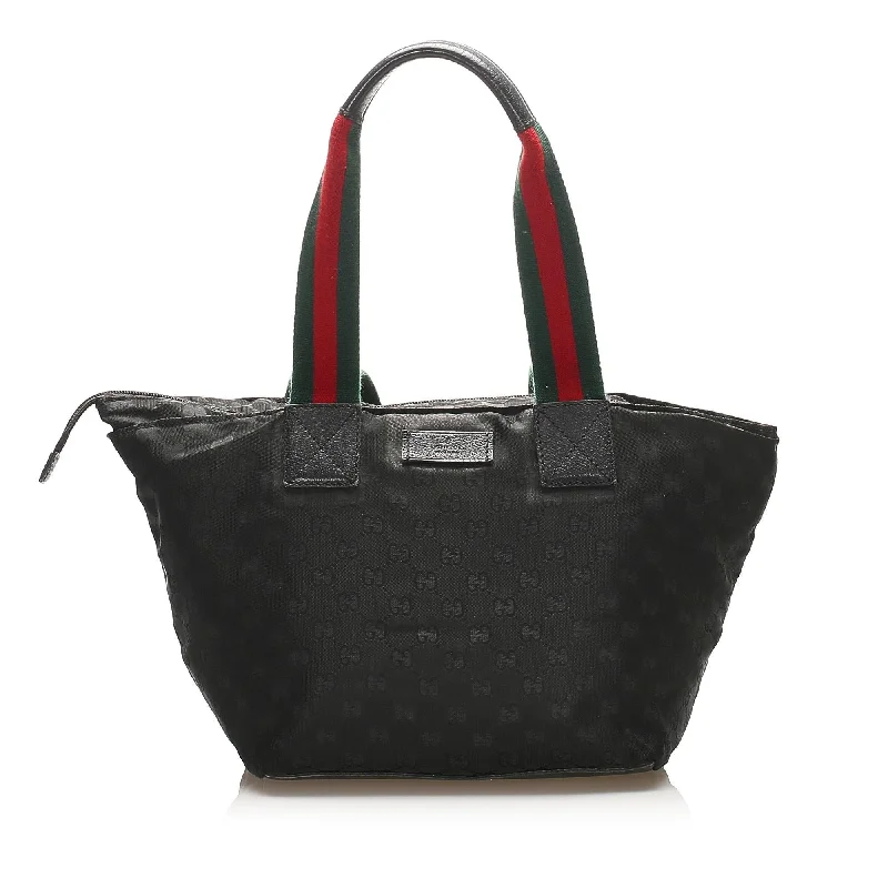 Women Gucci bags with a front - flap pocket for quick - access itemsWomen Gucci bags with a front - flap pocket for quick - access itemsGucci GG Canvas Web Tote Bag (SHG-15691)