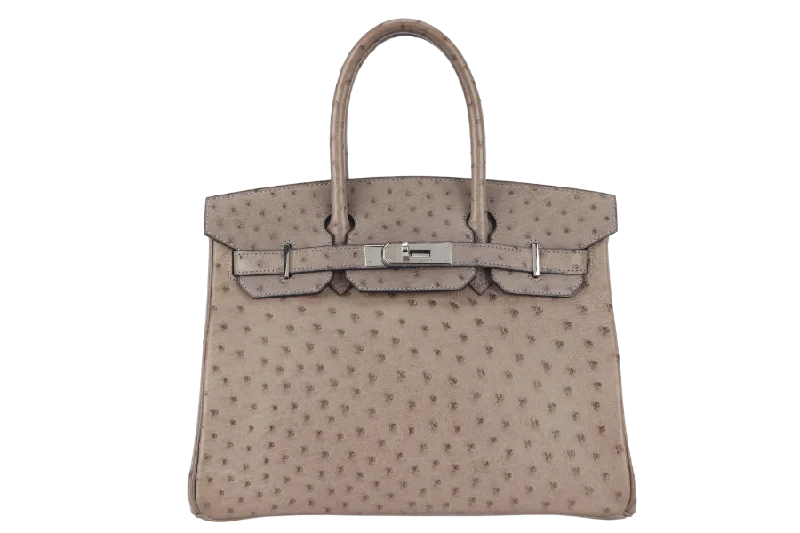 HERMES BIRKIN 30 STAMP C (YEAR 1999) OSTRICH GRIS TOURTERELLE SILVER HARDWARE WITH KEYS AND LOCK AND DUST COVER