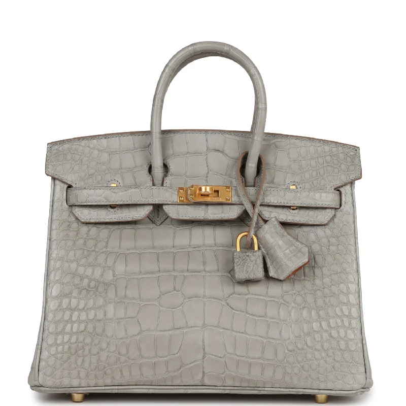 Hermes Special Order (HSS) Birkin 25 Gris Perle Verso Matte Alligator Brushed Gold Hardware