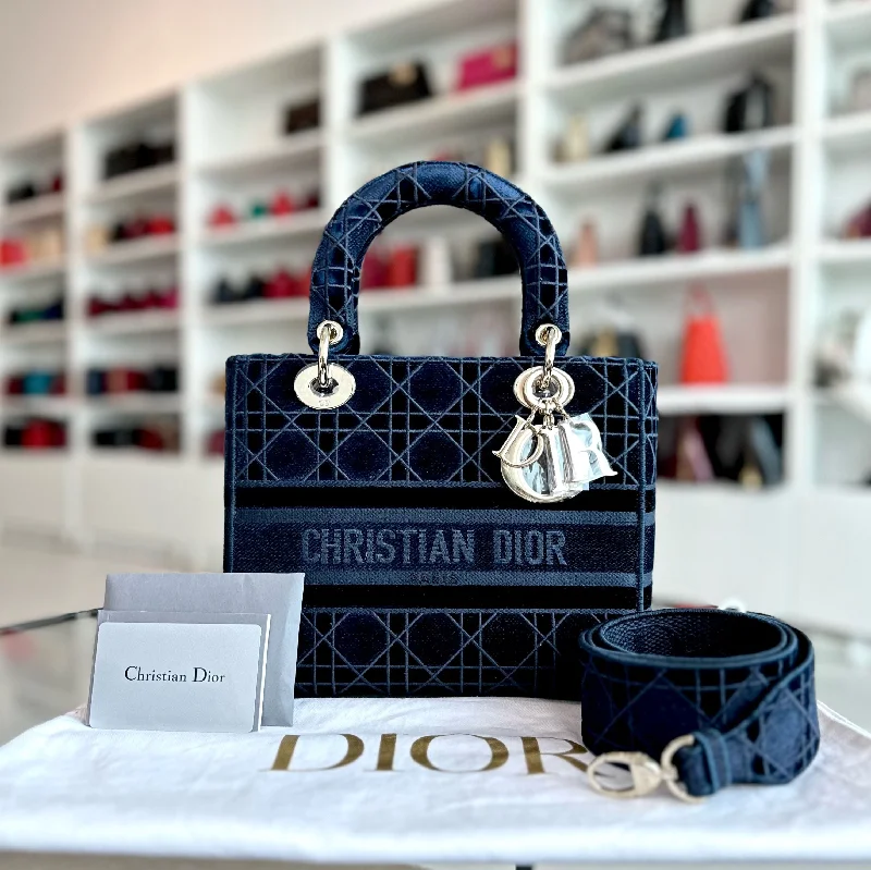 Christian Dior bags with a detachable coin purse insideLady D-Lite Cannage Embroidered Velvet Dark Blue GHW