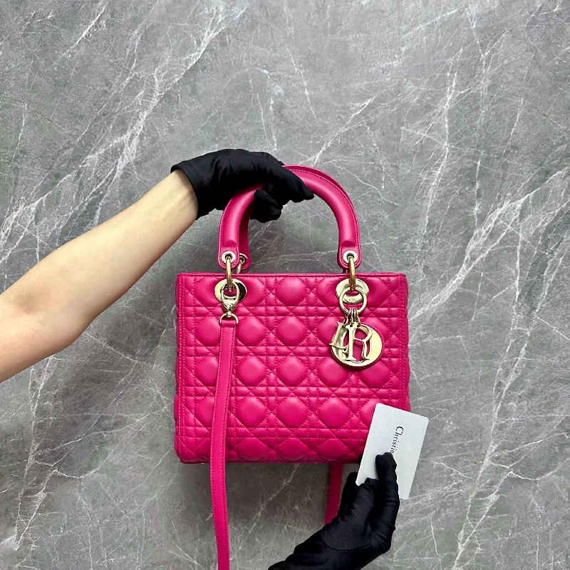 Christian Dior bags with a side - pocket for holding a water bottleLady Medium Lambskin Hot Pink GHW