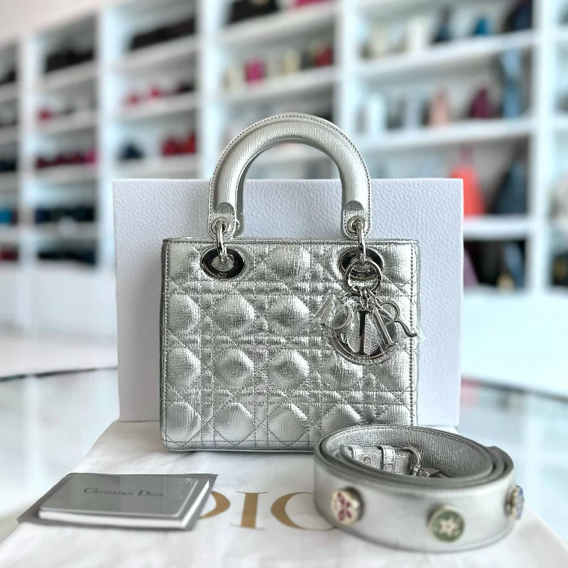 Christian Dior handbags with a snap - button closure and a decorative buckleLady Metallic Calfskin Silver Limited Edition Badge Charm ABC SHW