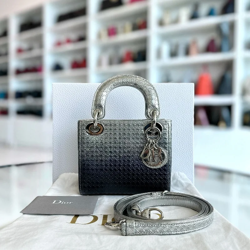 Christian Dior handbags with a removable shoulder strap for versatilityLady Mini Calfskin Micro-Cannage Metallic Silver Bi-Color Dark Blue SHW