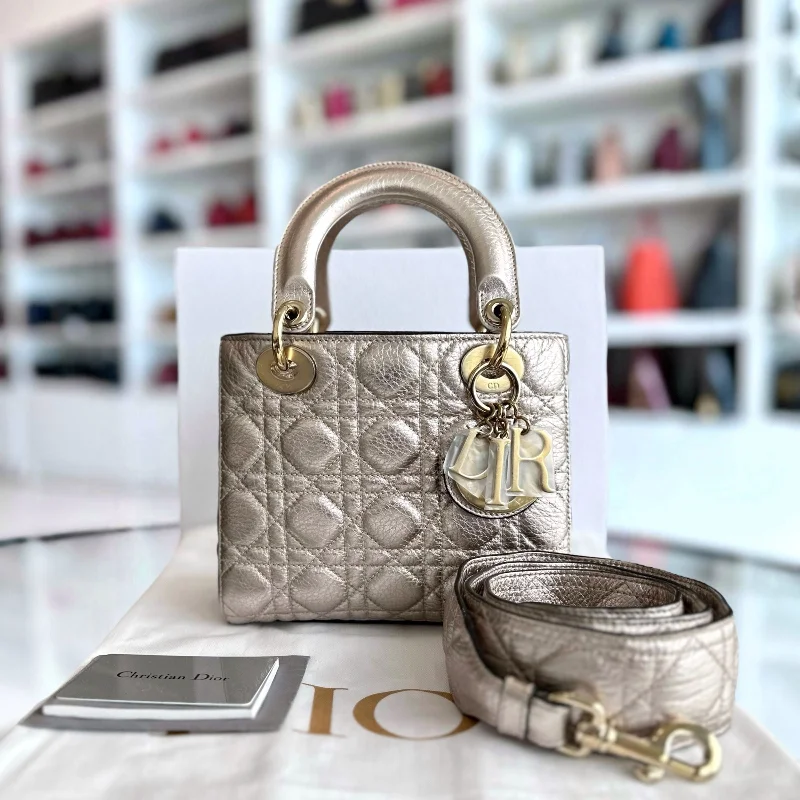 Contemporary Christian Dior handbags with a unique shapeLady Small Cannage Metallic Calfskin Rose Gold GHW