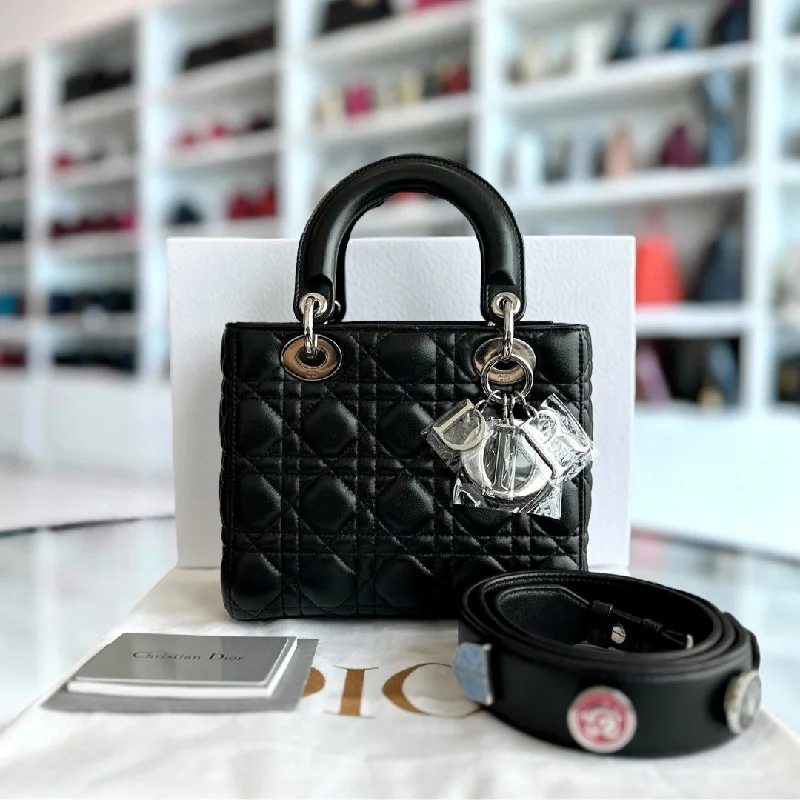 Christian Dior handbags with a snap - button closure and a decorative buckleLady Small Lambskin Cannage Badge Charm ABC Black SHW