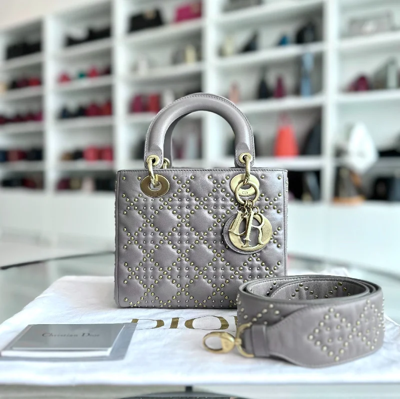 Christian Dior handbags with a detachable mirror for on - the - go touch - upsLady Small Studded Soft Lambskin Grey GHW