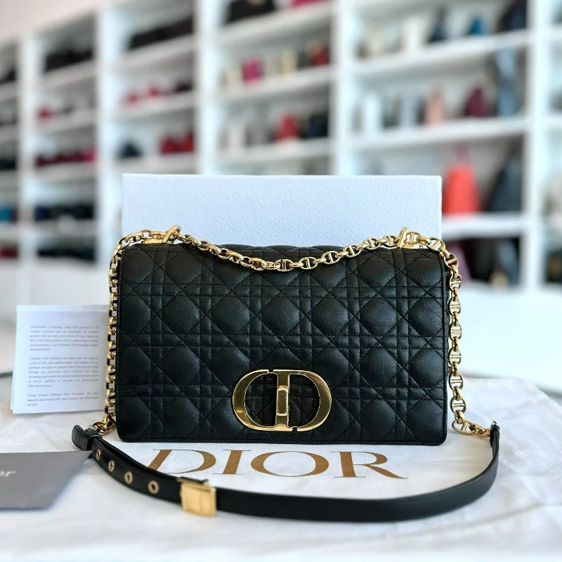 Luxury Christian Dior crossbody bags with a chain - link strap*Full Set, Receipt, 2022* Caro Large Cannage Calfskin Black GHW