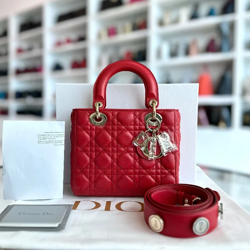 Christian Dior handbags with a snap - button closure and a decorative buckle*Full Set, Receipt* Lady Small Lambskin Cannage Charm ABC Red GHW