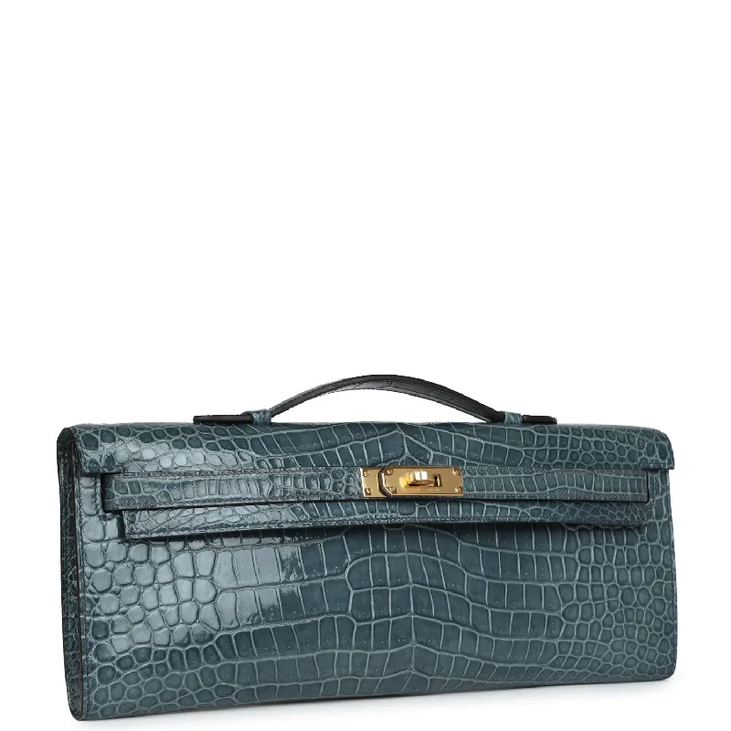 Hermes Kelly Cut Colvert Shiny Porosus Crocodile Gold Hardware