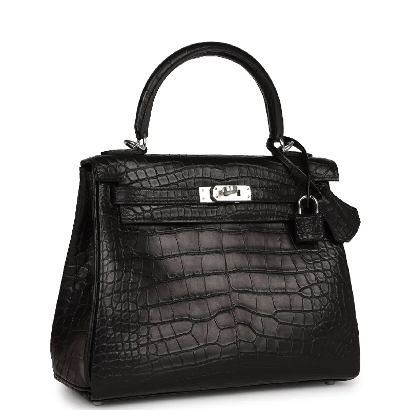 Hermes Kelly Retourne 25 Black Matte Alligator Palladium Hardware