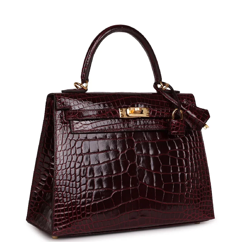 Hermes Kelly Sellier 25 Bordeaux Shiny Alligator Gold Hardware