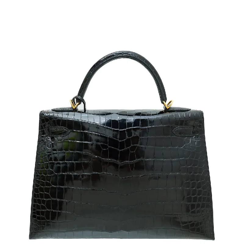 Hermes Noir Shiny Porosus Crocodile Sellier Kelly 32 Bag