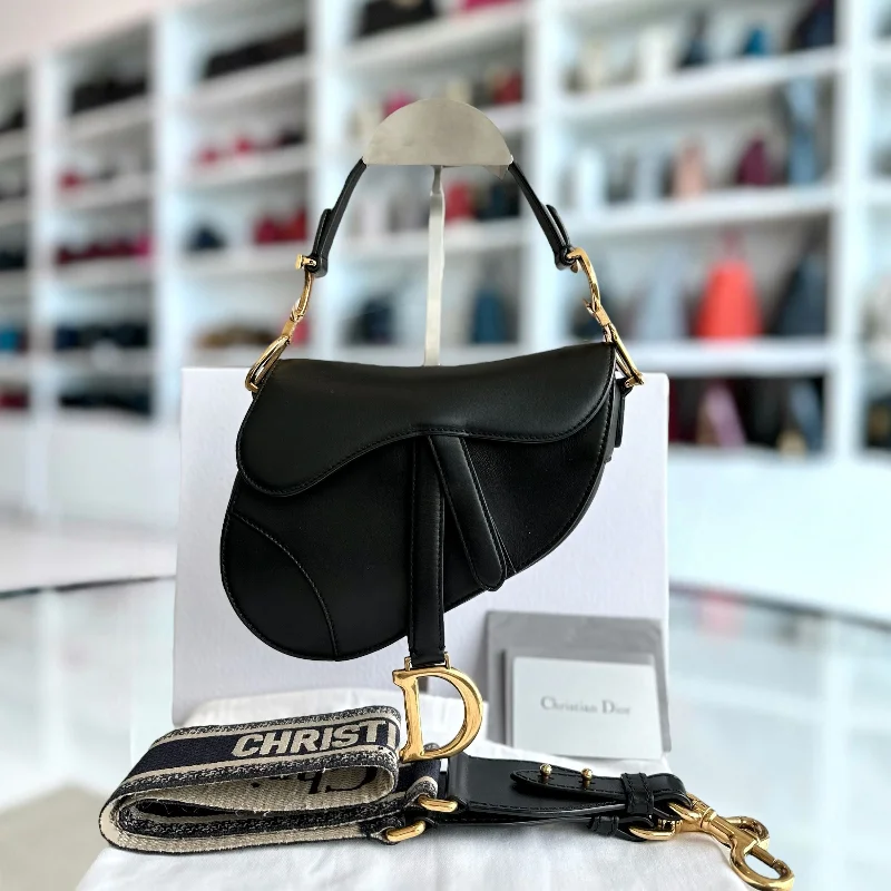 Christian Dior handbags with a detachable mirror for on - the - go touch - ups*With Strap* Saddle Small 21CM Smooth Calfskin Black GHW Shoulder Bag